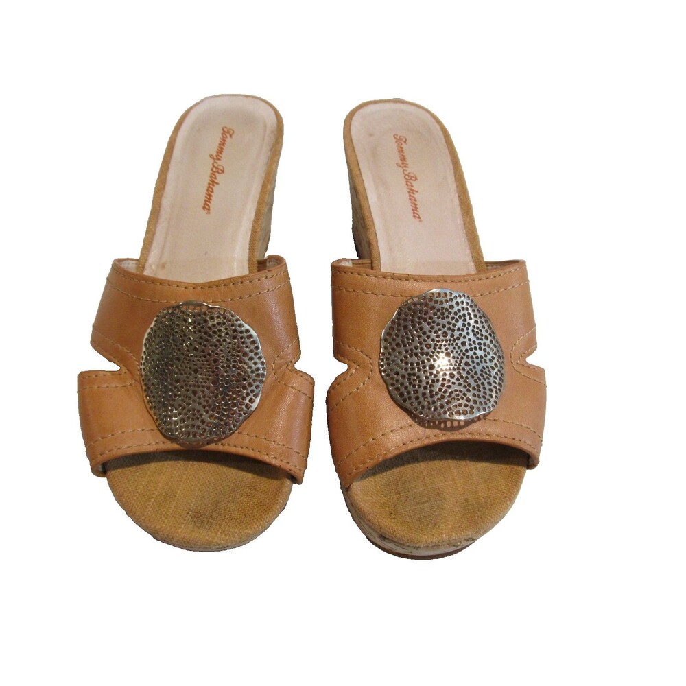Tommy Bahama St. Santino Tan Leather Wedge Slide Sandals Women’s 8.5 Cork
